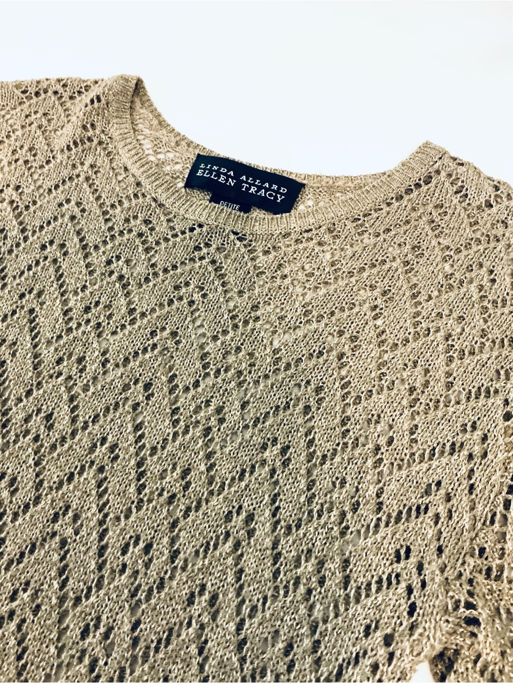 LINDA ALLARD ELLEN TRACY, Gold Chevron Open Crochet Knit Sweater, Size P, EUC